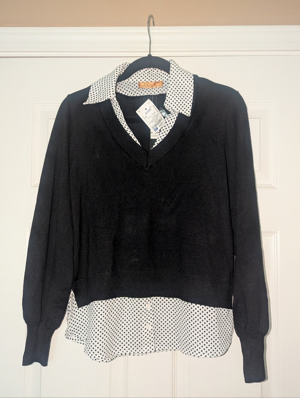 Belldini Black Sweater with White Polka Dot Trim